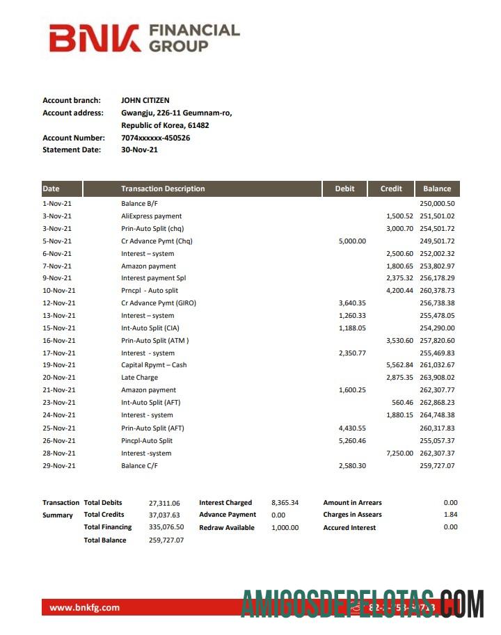Extrato bancário BNK da Coreia do Sul para download, modelo fácil de preencher em formato Excel e PDF
